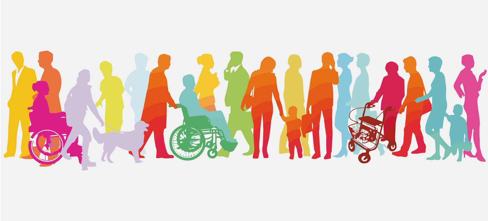 Farbige Illustration einer Menschengruppe von Erwachsenen, Kindern, Rollstuhlfahrern und älteren Menschen