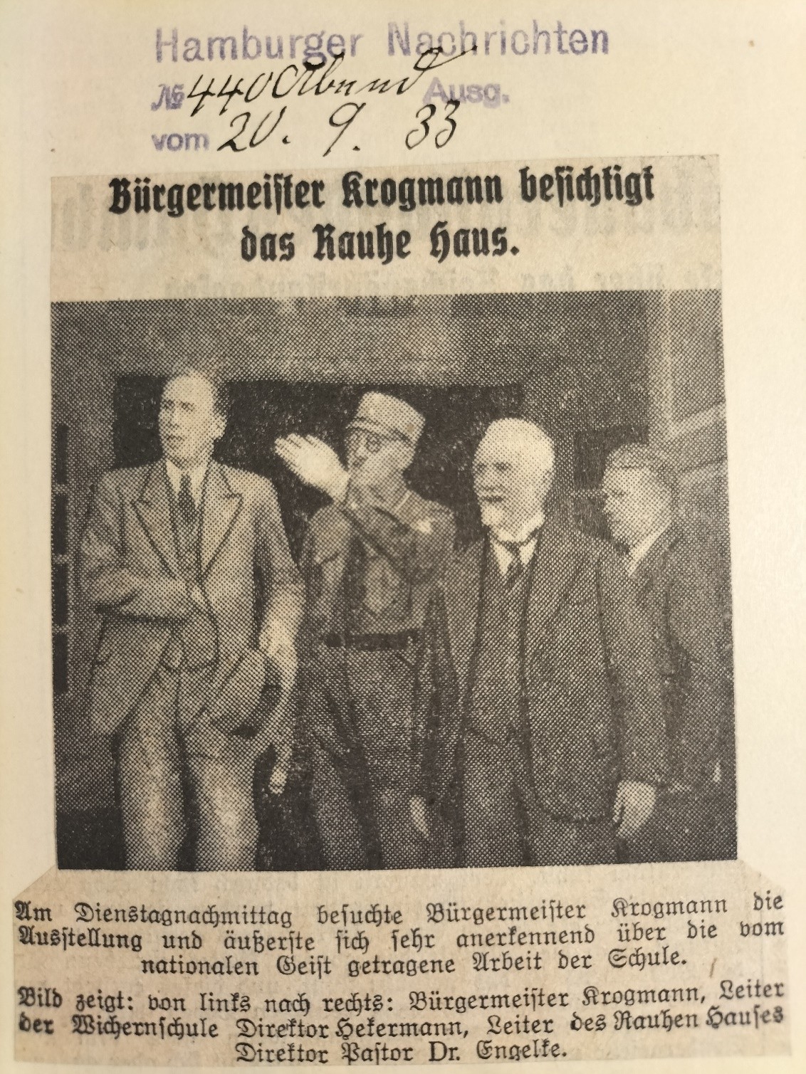 Bildausschnitt aus den Hamburger Nachrichten von 1933 "Bürgermeister Krogmann besucht Das Rauhe Haus"