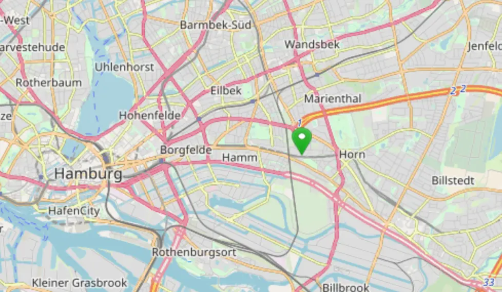 Karte von Hamburg mit geestecktem Pin beim Rauhen Hause